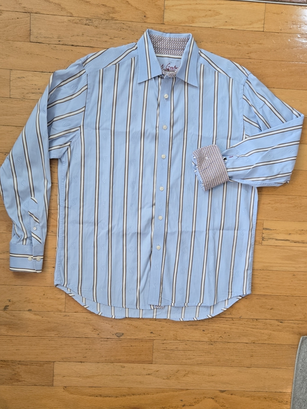 Robert Graham Light Blue Striped Jaquard Embroidered Paisley w/Flip Cuff (Flaw)
